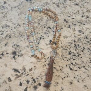 Boho Beaded Necklace with Light Blue and Brown Tassel